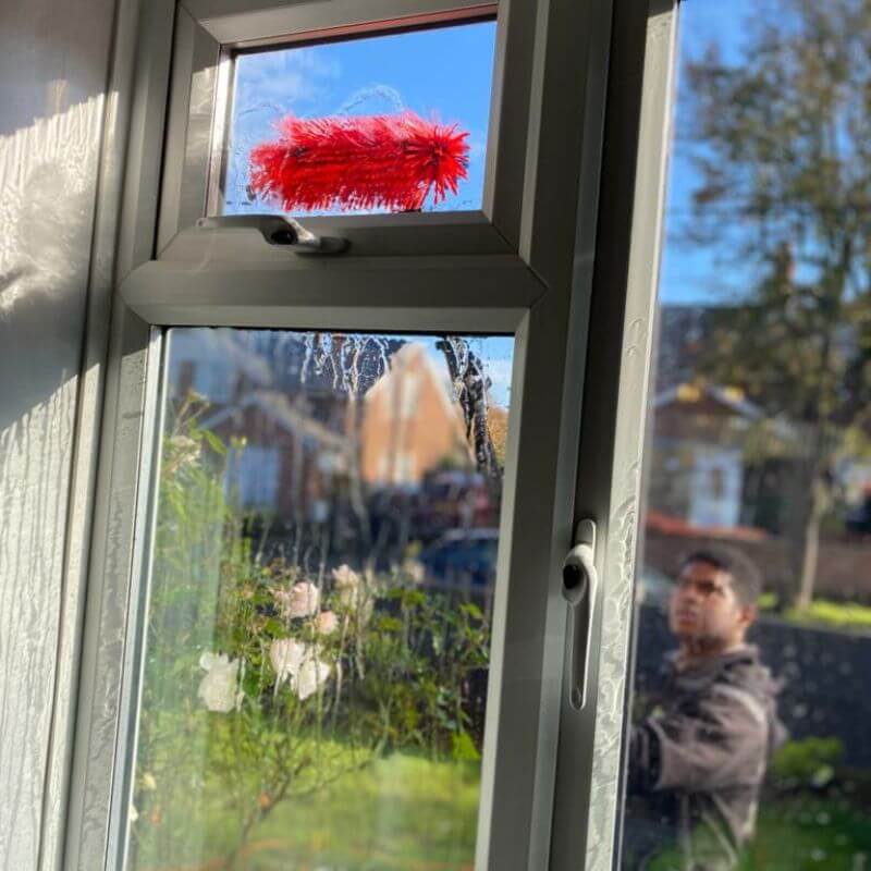 Clean residential window showcasing the streak-free results achieved using TLC's professional pure water window cleaning systems.