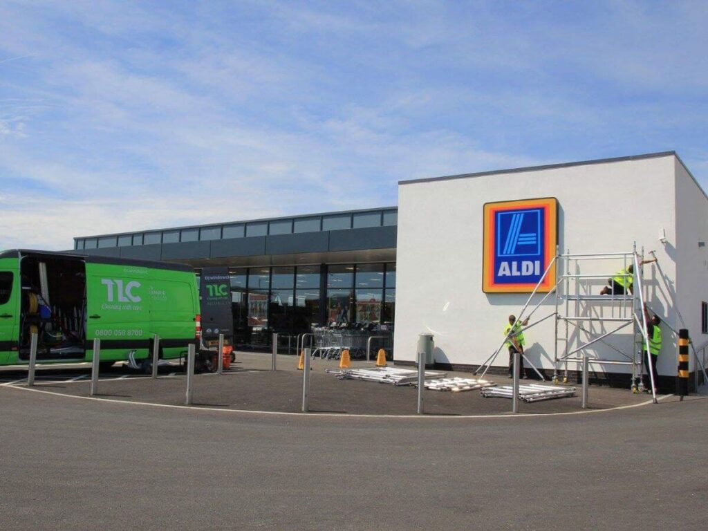 Commercial window cleaning carried out at an Aldi supermarket